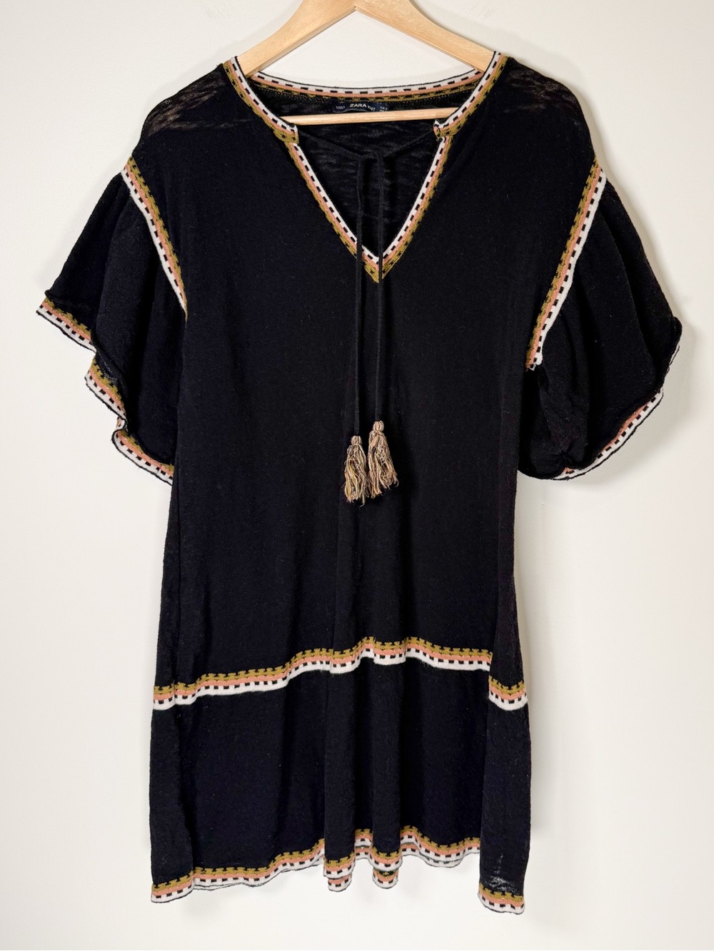 Zara Black Knit Midi Dress with Multicolor Trim